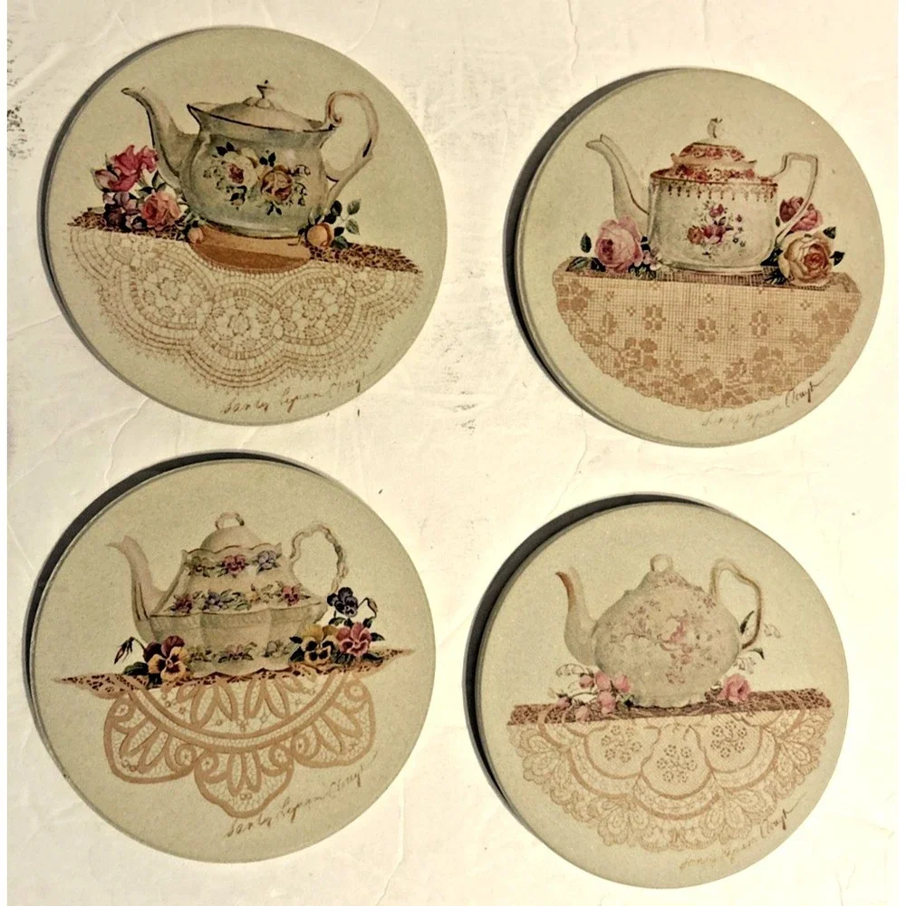 Coaster Stone Set of 4 Round Coasters Teapot Pattern‎ Vtg Cottagecore retro